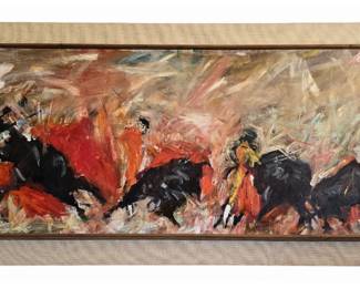 Mid century large bull fighting scene textured oil painting