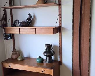 Stunning Danish Modern vintage teak wall unit; Tove vintage art pottery; vintage bow in wall mount