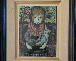 "Child With Pet" Louise August 1963 signed/numbered serigraph (42/75)