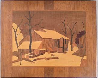 Earl Gresh "The Saw Mill" marquetry picture. Made of woods from all over the world