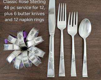 Reed & Barton "Classic Rose" sterling 48 piece service for 12, plus 6 butter knives and 12 napkin rings