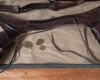 Western Style Tooled Leather Double Holster Belt with Ammunition Loops