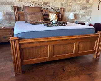 Rustic style wooden bed frame, with metal headboard accent