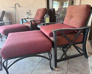 Red patio chairs with matching ottomans (2)