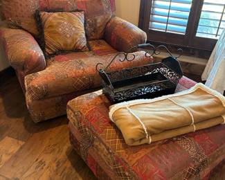 Patchwork-patterned upholstered armchair, with matching ottoman