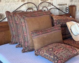 Rustic style wooden bedframe, with metal headboard accent