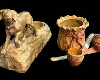 Brass Dog And Metal Cigar Pipe Set Pipe Holders