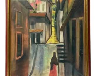 20 x26.5  Abstract Street Scene Painting Signed L. Keenan