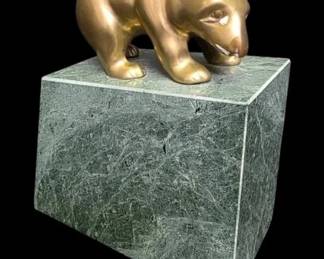 Brass Bear On Green Marble Sculpture