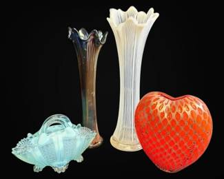 Opalescent and Carnival Swung Glass Vases, Blue Davidson Basket,  More