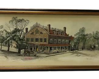36.5 x17  Signed  Framed Frances Tavern Crosshatch Drawing By Haws