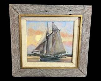 17 x16  Wooden Framed Sailboat Painting Signed Dewey Harden