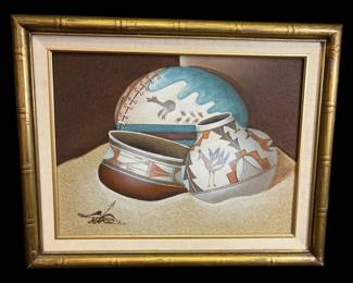 19.5 x15.5  Still Life Art Signed Mario In GoldToned Bamboo Frame