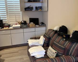 pull out couch, vintage police helmets 