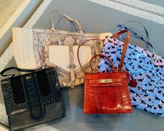 black leather handbag, then Tory Burch, Lizard handbag, and Kate Spade "Cats and Creme"