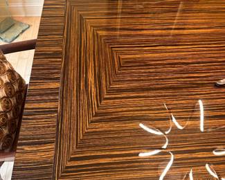 Alternate view: Zebra Wood Dining Room Table - extends to seat 12. Measures 30"H x 80"L x 45 1/2"W. 