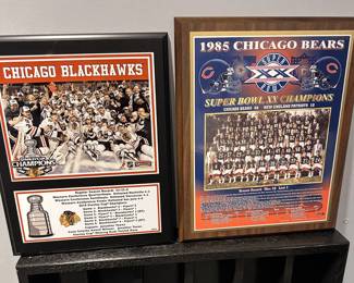 Decorative Blackhawks and Bears placques