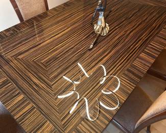 Alternate view: Zebra Wood Dining Room Table - extends to seat 12. Measures 30"H x 80"L x 45 1/2"W. 