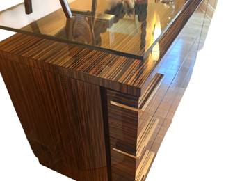 Alternate view: Nicole Miller Zebra Wood Sideboard/Dresser measures 36"H x 78"L x 21 1/2"D. Available for presale for $1500.
