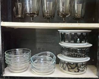 Smoke glass stemware & French Bull storage bowls.