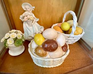 Two figural vanity lights, marble eggs in basket & ceramic egg box.