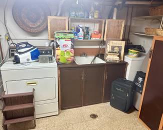 Laundry room with household supplies.
