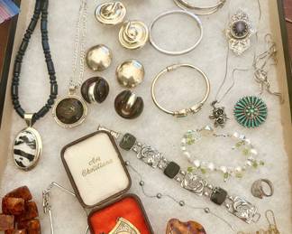 Sterling silver and amber jewelry.