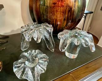 Set of 3  mid century Blenko Ice Flow candle holders.