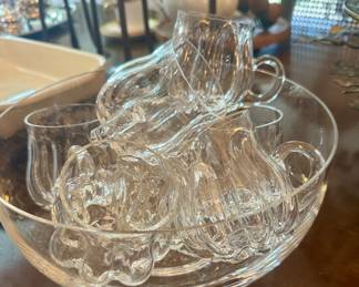 Hand blown punch cups & clear bowl.