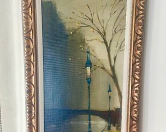 Foggy streetlight painting in original frame.