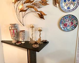 Copper leaf wall sculpture, Polish plates & wall mounted wood table.