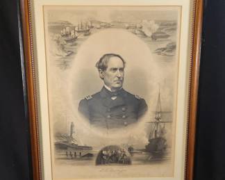 Lot # : 7 - Lithograph of Vice Admiral D.E. Farragut A framed lithograph depicting Vice Admiral D.E. Farragut, featuring detailed naval imagery and a scene of sailors in the lower section. Framed under glass in a wood frame with labeling on the back indicating custom framing.