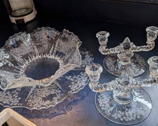 Vintage Martinsville depression, glass, candlesticks, platter and bowl