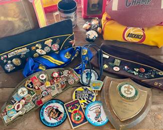 VINTAGE BOY SCOUT HATS, SCARVES, PATCHES AND PINS