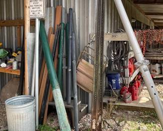 GALVANIZED TRASH CAN,  “NO MOTORIZED VEHICLES BEYOND THIS POINT” SIGN