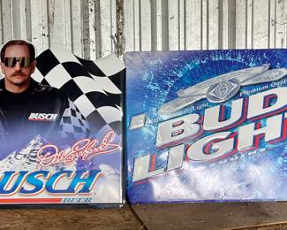 METAL DALE EARNHARDT BUSCH BEER SIGN, METAL BUD LIGHT SIGN