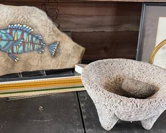 MEXICAN MOLCAJETE MORTAR & PESTLE, FISH PAINTING ON ROCK