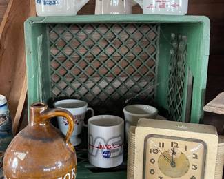 VINTAGE ALLIGATOR MILK CROCK JUG, VINTAGE CLOCK, RESTAURANT WARE COFFEE CUPS