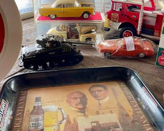 VINTAGE BUDWEISER SESQUICENTENNIAL TRAY, MODEL CARS