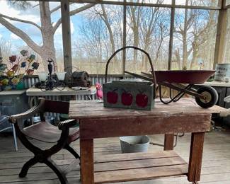 VINTAGE WOOD TABLE, TOY WHEELBARROW, ANTIQUE CHAIR