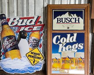 METAL BUD ICE PENGUIN SIGN, FRAMED METAL BUSCH COLD KEGS SIGNS