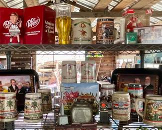 BUDWEISER COLLECTIBLE STEINS, BUDWEISER METAL TRAYS, DR PEPPER LARRY CULPEPPER BOBBLEHEAD