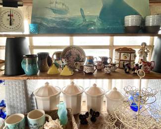 KITCHEN SCALE, CANISTER SET, POTTERY COFFEE CUPS