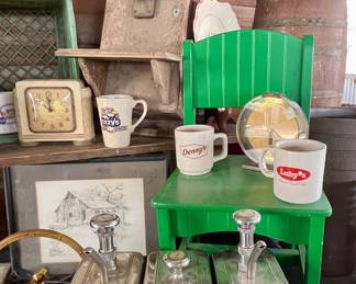 OLD PHONE, BUTTER CHURN, VINTAGE CLOCKS, SODA FOUNTAIN SYRUP DISPENSERS, RESTAURANT WARE COFFEE CUPS