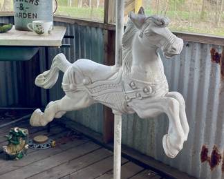 VINTAGE CAST ALUMINUM CAROUSEL HORSE ON STAND