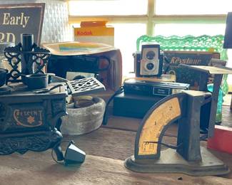VINTAGE CRESENT TOY CAST IRON STOVE, VINTAGE CAMERAS