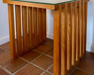 Mid-Century Oak Slat Side Table with Glass Top