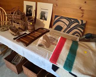 Makah tribal baskets, Hudsons Bay wool blanket