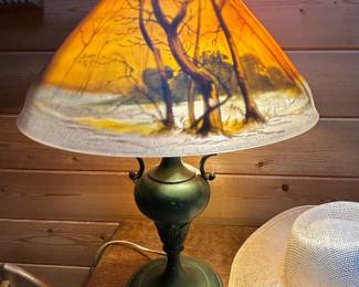 Antique reverse painted table lamp