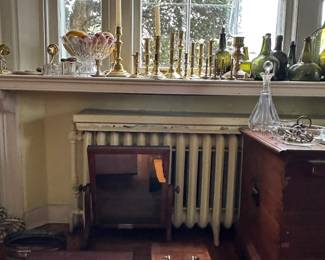 various antiques, brass candlesticks